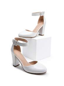 Women Ankle Strap Chunky Heel Pumps Round Toe High Heel Comfortable Elegant Wedding Party Prom Work Dress Pumps Shoes - 白色 - 查看 5