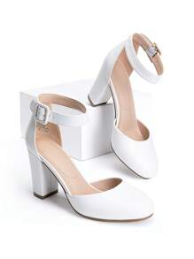 Women Ankle Strap Chunky Heel Pumps Round Toe High Heel Comfortable Elegant Wedding Party Prom Work Dress Pumps Shoes - 白色 - 查看 6