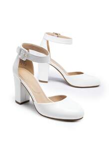 Women Ankle Strap Chunky Heel Pumps Round Toe High Heel Comfortable Elegant Wedding Party Prom Work Dress Pumps Shoes - 白色 - 查看 2