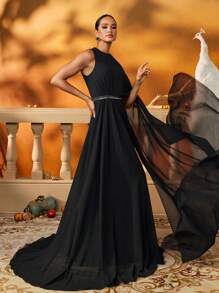 AmazingHoney Elegant Black Chiffon Modest Dress With Flowing Draped Sleeve And Beaded Waist Detail, Prom Dresses For Women,Arabic Dresses For Women - Black - View 8
