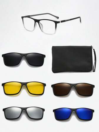 1 Eyeglass Frame+1 Glasses Case+5 Lens Men New Square Shaped Popular Glasses Sets Magnetic Design Replaceable Multicolor Lenses Casual Minimalist Frame Luxury Classic Glasses Combination Suitable For Outdoor Traveling And Daily Use Looks Street Style And Suit For Sweater Jacket Sweatshirt Hoodie Leather Pants And Cargo Pants For Summer Beach Vacation,Outdoor,Travel