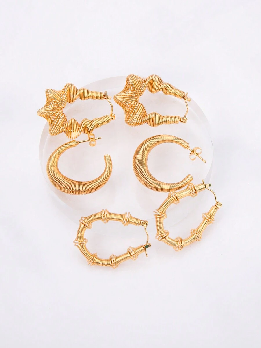 全新独特高端钛钢耳环，时尚个性化前卫褶线弹簧圈耳环，送给朋友的理想生日礼物 - 金黃色 - 查看 1