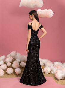 Teen Girl Open Shoulder Spaghetti Strap Sequin Slit Party Dress