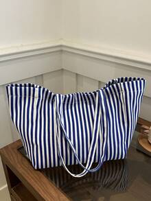 条纹休闲大容量简约购物沙滩手提包 - 藍白色 - 查看 10