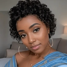 Short Curly Human Hair Wigs Pixie Cut Bob Glueless Wigs Front For Women With Baby Hair, 13x1 Lace 150% Density - Natural Black - Xem 1