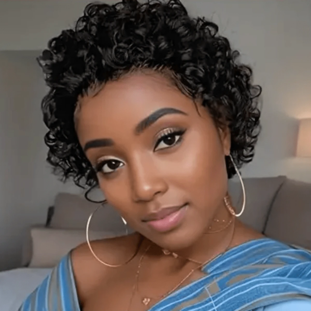 Short Curly Human Hair Wigs Pixie Cut Bob Glueless Wigs Front For Women With Baby Hair, 13x1 Lace 150% Density - Natural Black - Xem 1