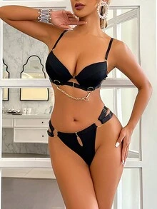 Sexy Backless Metal Chain Lingerie Seductive Uniform Bra Set For Women - Black - View 4