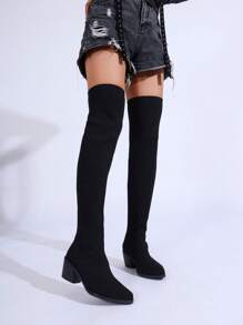 Match Dress,Women's Pointed Toe Over-The-Knee Boots, New 2024 High Heel Design, Elastic Knit Material, Sock Boots With Thick Heels, Black Skinny Pants Boots For Four Seasons