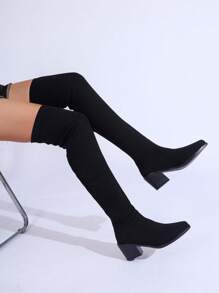 Match Dress,Women's Pointed Toe Over-The-Knee Boots, New 2024 High Heel Design, Elastic Knit Material, Sock Boots With Thick Heels, Black Skinny Pants Boots For Four Seasons