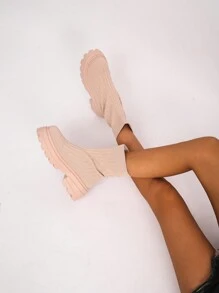 Giày bốt thời trang màu trơn cho nữ, giày bốt cổ ngắn đế mềm đan, giày bốt mùa đông co giãn vừa vặn - Hồng - Xem 3