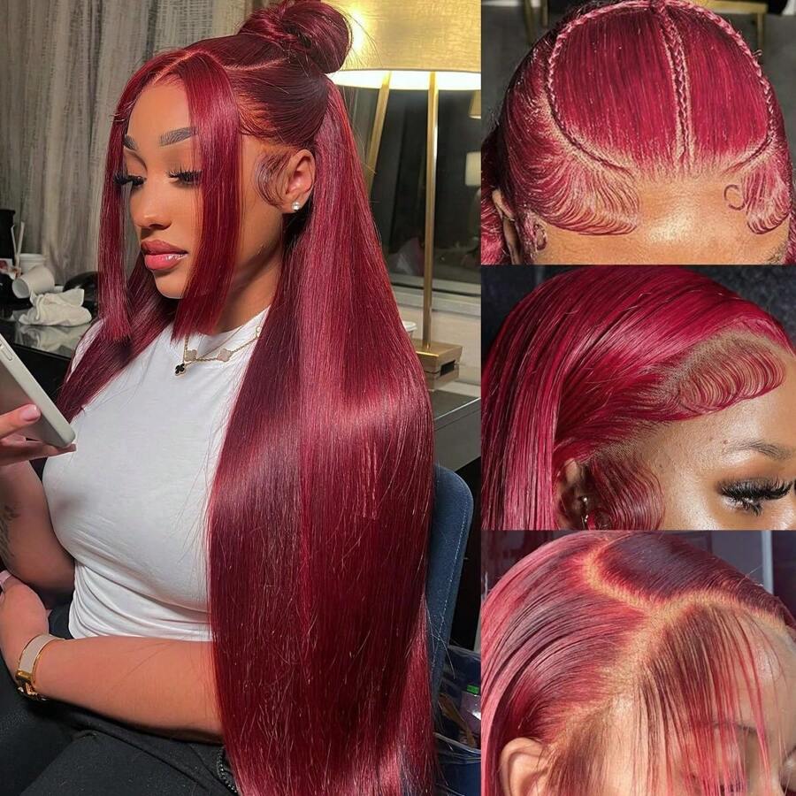 Uveous 200% Density 34 Inch 13x4 99j Burgundy Lace Front Wigs Human Hair Straight Wigs For Women Glueless 13x4 Lace Front Wigs Human Hair Colored Red Straight Lace Front Wigs Human Hair Pre Plucked Wigs - S99J - 查看 1