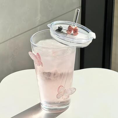 1pc Cute Butterfly Design Cup With Lid, Transparent Cup With Butterfly Straw, Suitable For Beverages, Water, Coffee, Modern Glass Cup, Suitable For Home & Office (Capacity Approx. 450ml)