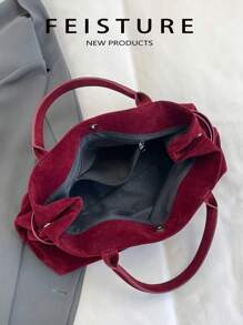 FEISTURE 1 件仿麂皮手提包，Ancora 大容量纯色成熟优雅女士手提包，勃艮第复古带扣肩带，适合女孩、女士、大学生、职场新人和白领，非常适合工作、商务、通勤、学校、复古风格女士包 - 酒紅色 - 查看 5
