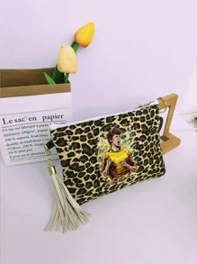 1 pieza Bolso de lona personalizado - Paisaje, Ilustración, Único, Plegable, Gran capacidad, Ligero, Moda, Personalizado, Bolso de maquillaje, Bolso de mano, Monedero, Organizador, Lindo, Decoración con borlas