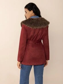 Rusttydustty Abrigo corto de mujer de color vino tinto con cuello, cinturón, abrigo exterior para otoño/invierno - Burdeos - Ver 2