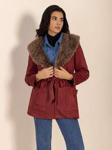 Rusttydustty Abrigo corto de mujer de color vino tinto con cuello, cinturón, abrigo exterior para otoño/invierno - Burdeos - Ver 6
