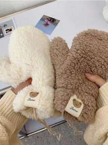 1pair Ladies' Winter Warm Bear Gloves, Cute Plush Bear Hanging Neck Gloves, Outdoor Cycling Thick Plush Anti Cold Gloves