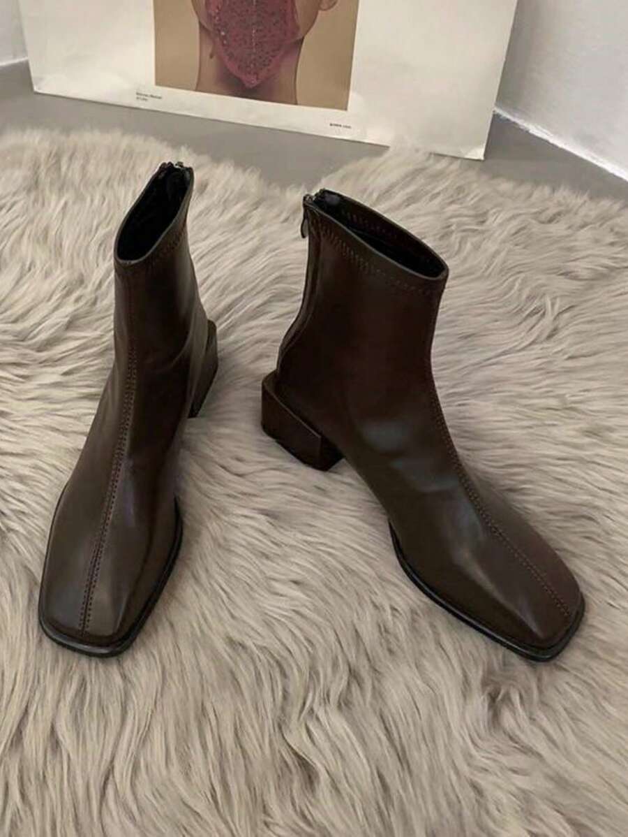 女靴，春秋新款靴子，细靴，超热短靴，粗跟切尔西靴，踝靴 - 棕色 - 查看 1