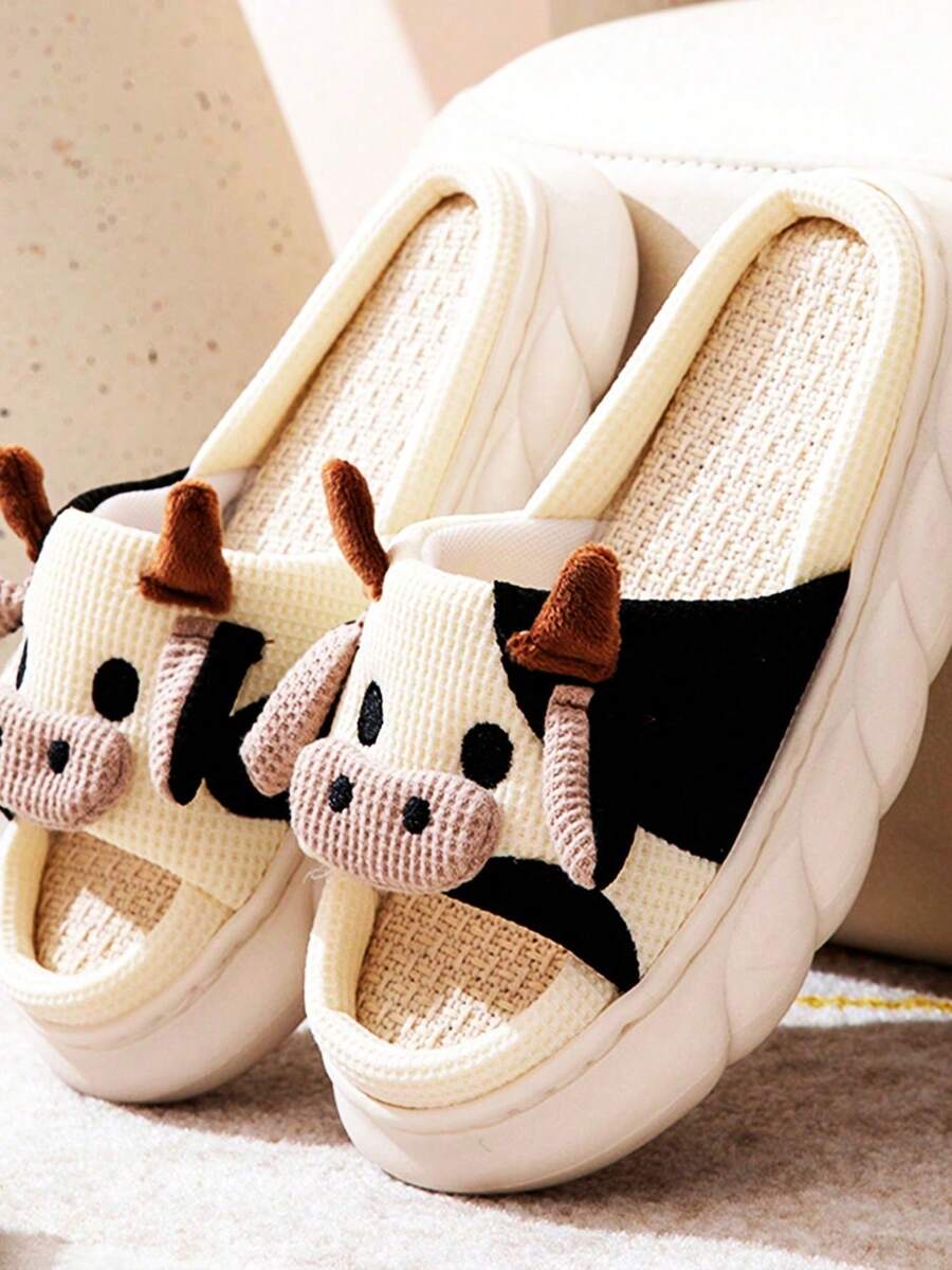 Pantuflas De Vaca Para Mujer Suaves Cómodas Lino Mudas. Preppy Zapatillas para con diseño de vaca Zapatillas de peluche. Zapatillas de felpa con diseño de animal de dibujos animados. Lindas Pantuflas De Vaca Para Mujer Suaves Cómodas Lino Muda. - Beis - Ver 1