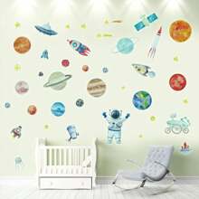 ANTSAY 74 Pieces Luminous Wall Stickers, Space Astronaut Spaceship Wall Decals Glow In The Dark Creative Fluorescent Stars Planets Rockets Wall Decoration For Kids Nursery Bedroom Living Room - 彩色 - 查看 4