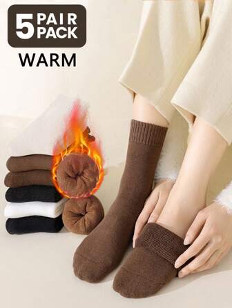 5 Pairs Of Winter Thickened Solid Color Socks