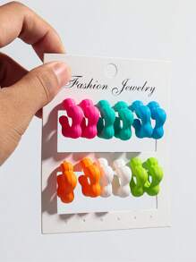 1 Set Of 6 Pairs Popular Fashion Colorful Matte Acrylic Asymmetrical Geometric C-Shaped Hoop Earrings Suitable For Women's Daily Wear - Colorful - View 16