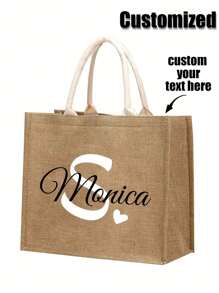 Bolso de mano de lino personalizado con flor, letra y corazón, bolsa de regalo personalizada, bolso tote de gran capacidad y diseño único, ligero - Caqui - Ver 6