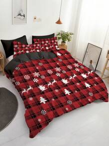 3 Stücke Bettwäsche-Set mit Weihnachts-Motiv, karierter Hirsch Schneeflocke Bettwäsche-Set, weich, komfortabel und atmungsaktiv, für Schlafzimmer und Gästezimmer Dekoration (1*Bettbezug + 2*Kissenbezüge, ohne Füllung)
