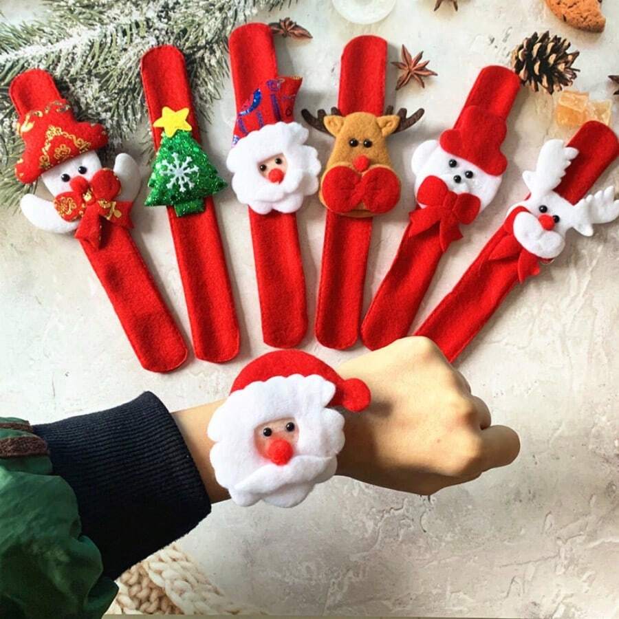 10pcs Random Christmas Slap Bracelets Party Favors Set Featuring Santa Claus, Snowman, And Reindeer Designs – Festive Holiday Themed Decorations And Accessories For All Ages - Multicolor - View 1