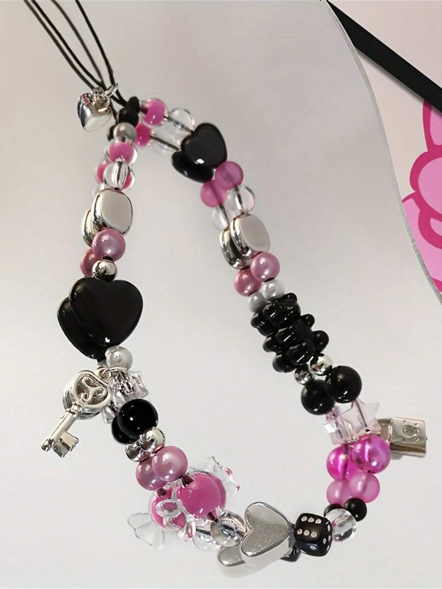 可爱的 Y2K 心形黑熊心形锁糖果钥匙串珠钥匙扣挂绳适用于 ，男女通用可爱女士珠宝手机串珠吊坠手链带绳礼物，适合送给母亲、家人、朋友、生日、节日的手机吊饰、手机链 - 彩色 - 查看 1