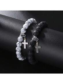 1 conjunto de 2 peças de design de estilo de rua, turquesa branca e pedra de lava, contas de astronauta e gota de cruz oca, kit de pulseira de cor contrastante de óleo para casais e presente de festival, Natal, Ano Novo, Dia dos Namorados, presente de feriado