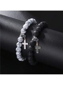 1 conjunto de 2 peças de design de estilo de rua, turquesa branca e pedra de lava, contas de astronauta e gota de cruz oca, kit de pulseira de cor contrastante de óleo para casais e presente de festival, Natal, Ano Novo, Dia dos Namorados, presente de feriado