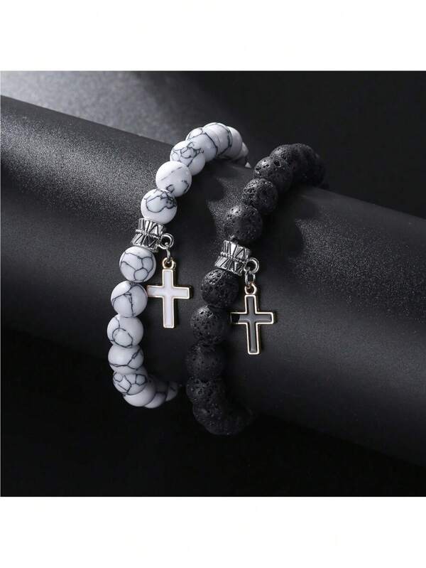 1 conjunto de 2 peças de design de estilo de rua, turquesa branca e pedra de lava, contas de astronauta e gota de cruz oca, kit de pulseira de cor contrastante de óleo para casais e presente de festival, Natal, Ano Novo, Dia dos Namorados, presente de feriado