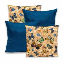 Kit Of 4 Decorative Cushion Covers 40x40cm With Butterflies, Khaki Blue, Printed In Gorgurinho - 藍色卡其色蝴蝶 - 查看 2