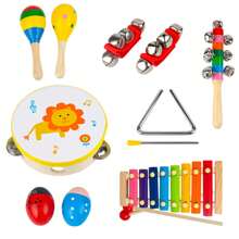 多功能木质鼓架小猫音乐桌儿童音乐启蒙早教益智打击乐器玩具奥尔夫打击乐器婴儿童摇铃幼儿园教具手拍4寸铃鼓儿童玩具10cm鼓