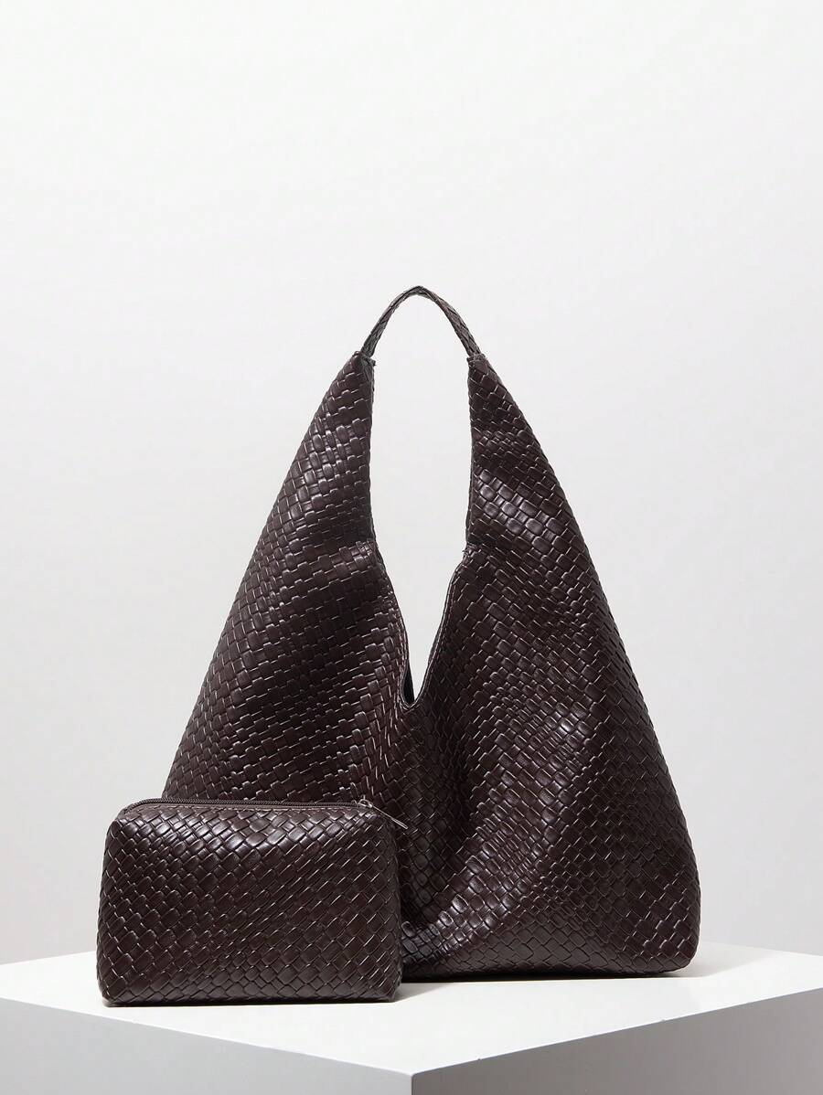 女士复古仿编织皮革单肩托特包大容量手提包简约休闲腋下包大手提包带钱包配套包包套装日常通勤购物包（图案随机）