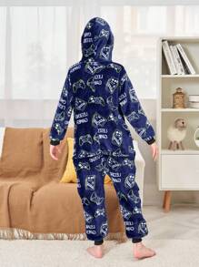 青少年男孩电子游戏图案落肩前拉链连帽连体裤和裤子、休闲家居服套装 - 彩色 - 查看 2