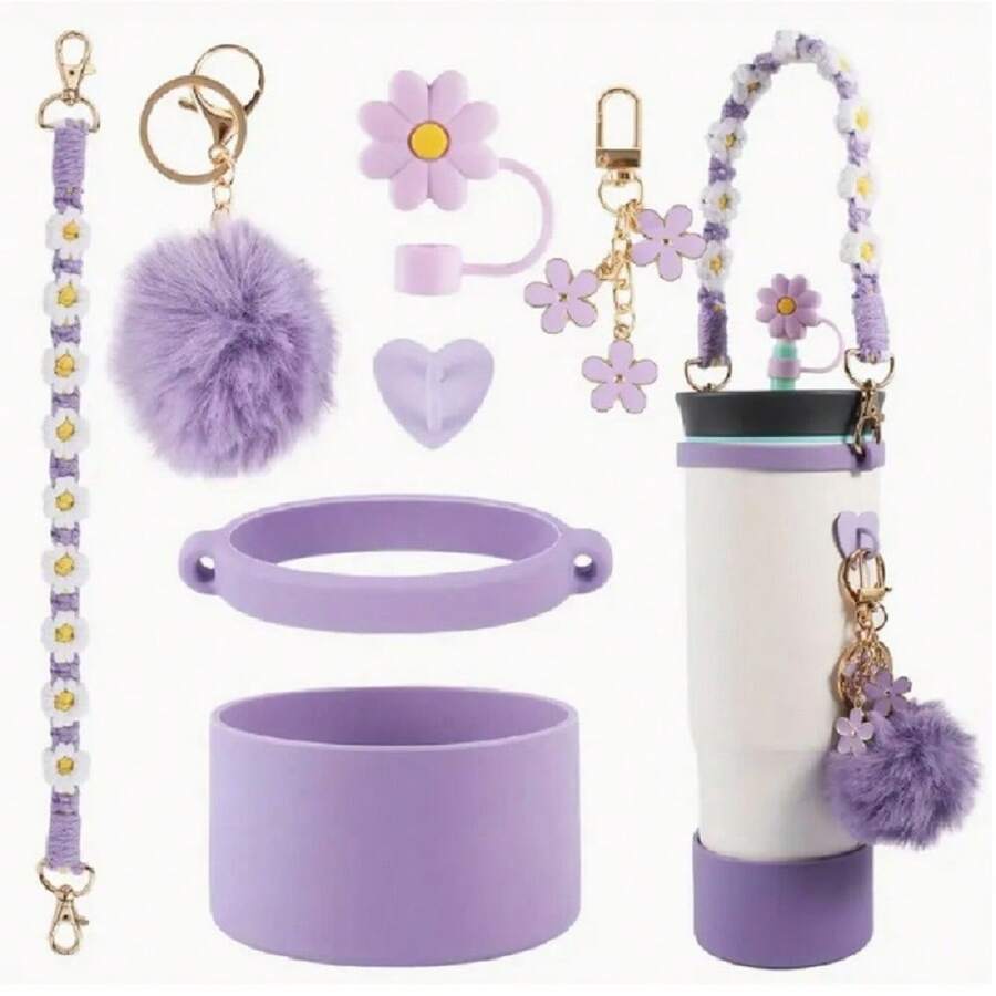 7pc Water Bottle Accessories Set Nylon Hand Strap, Zinc Alloy Key