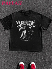 PAYEAH 1 Pcs 100% Cotton Gothic T-Shirt | Alt Clothing | Mall Goth | Trad Goth | Pastel Goth | Edgy Grunge Clothing | Gothic Clothes | Punk | Dark Academia | Y2K Graphic Print T Shirt  Tops TEE 220g Heavy Cotton T Shirt - Black - View 1