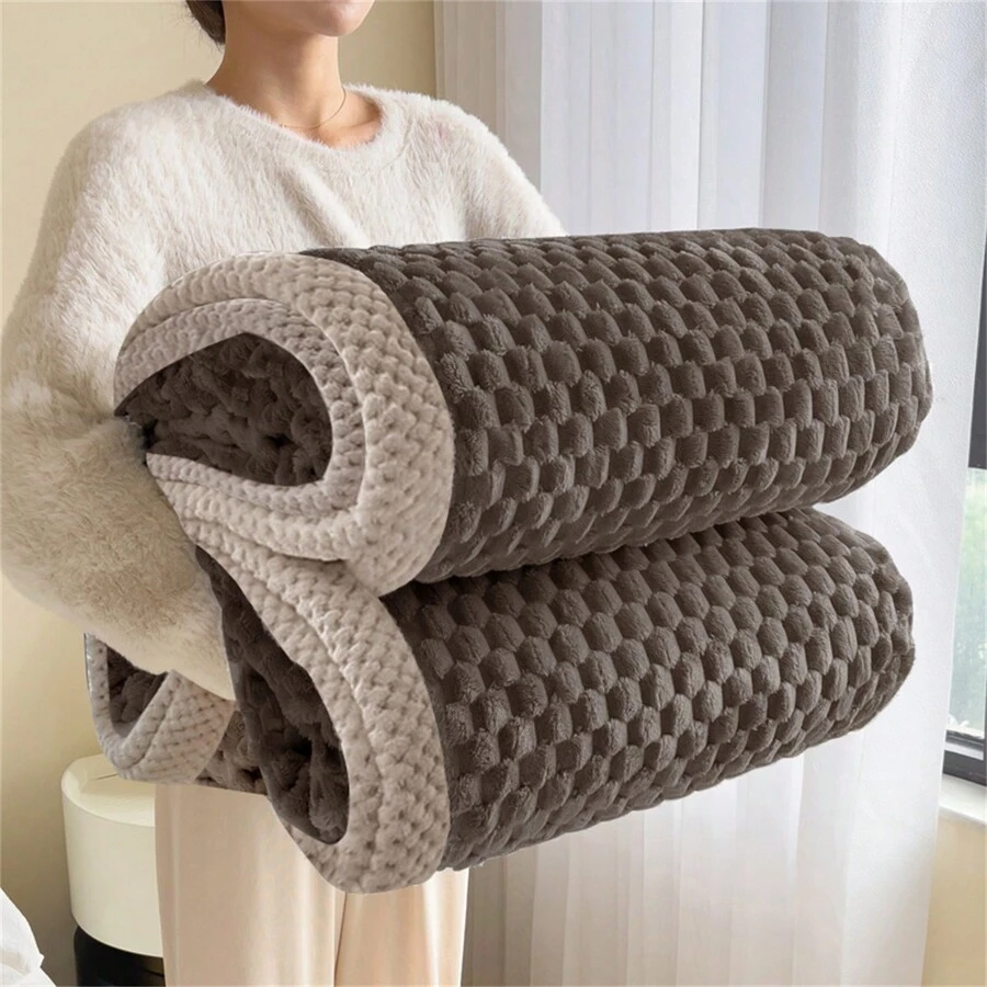 1 chiếc chăn ấm mềm mại dày dặn tối giản màu trơn, mùa đông - Xám - Xem 1