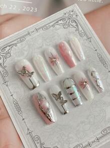 10 件 Y2K Baddie 设计金属质感水钻新月指甲尖，具有全息闪光效果，适合派对、舞会、生日、约会、孕妇装，可重复使用 - 彩色 - 查看 1