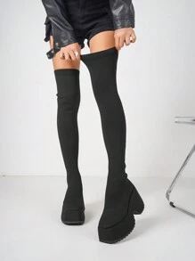 Giày bốt cao đến đầu gối, chống thấm nước, co giãn, dáng ôm chân, đế vuông cổ điển, giày bốt cao đến đầu gối cho mùa đông - màu đen - Xem 3