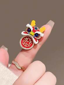 1 件中国守护狮设计景泰蓝珐琅胸针，节日配饰礼物 - 金色 - 查看 5