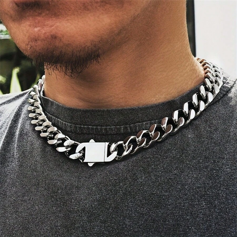 1 件装新款不锈钢扁平扣厚古巴链项链男士嘻哈风格 - 銀色 - 查看 1