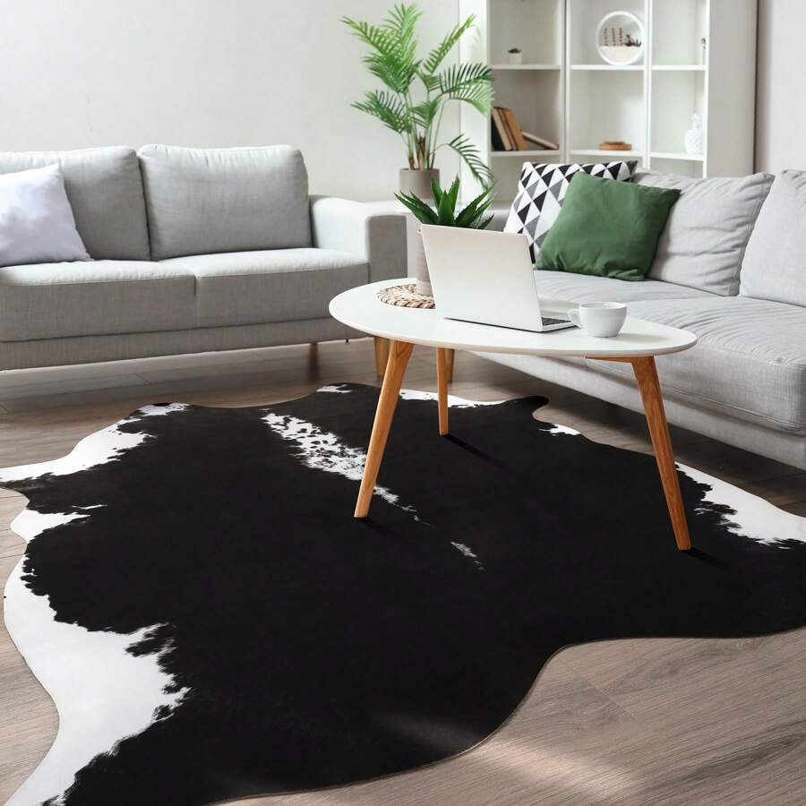 Cute Cow Print Rug Faux Cow Hide Animal Print Carpet For Living Room Bedroom Office - màu đen - Xem 1