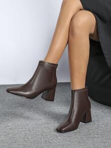 女士新款设计优雅简约方头低跟踝靴，百搭 - 咖啡棕 - 查看 4