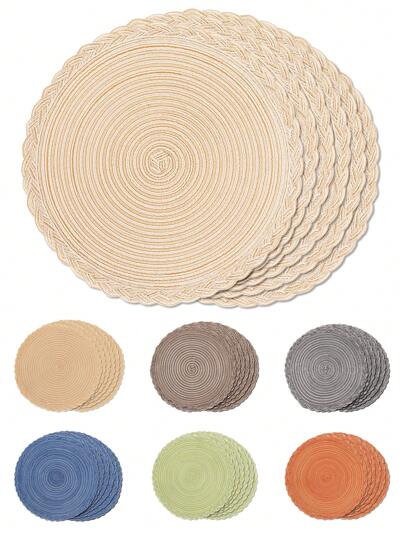 1 pieza/4 piezas/6 piezas Mantel individual redondo de 15 pulgadas trenzado y tejido, lavable con borde antideslizante, protege la superficie de la mesa, adecuado para comidas en el hogar y decoración de fiestas festivas