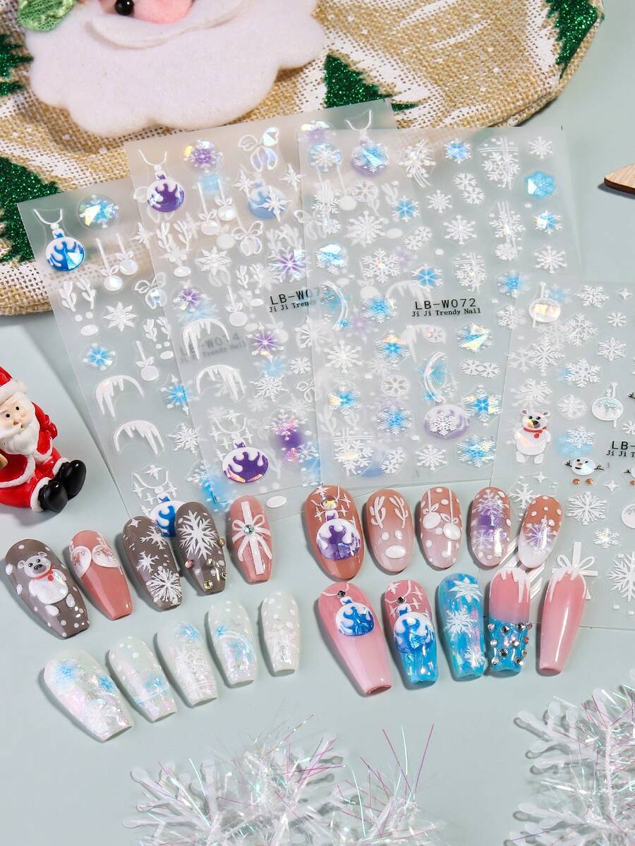 7 Pack Laser Embossed Christmas Nail Stickers Elk Snowflake Santa Claus