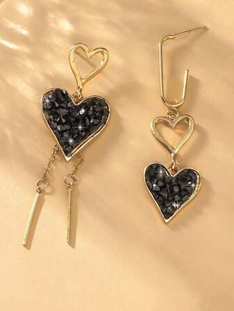 1pair Asymmetric Black Heart Shape Tassel Women Dangle Earrings, Exaggerated Jewelry Gift For Valentine's Day Or Birthday,Mom,Mother,Mother's Day,Gift