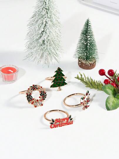 8 pièces/Set Lettre de Noël, Sapin de Noël vert, Couronne de strass multicolores, Anneaux de serviette en forme de canne en bonbon pour la fête de Noël, la décoration de table de dîner de mariage